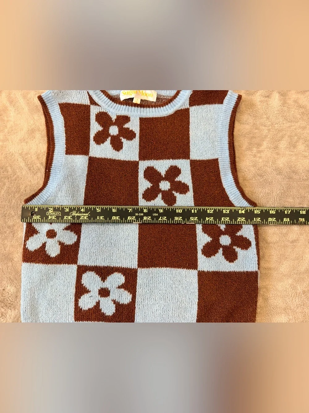 Sugar Moon Blue & Brown Floral Checkered Knit Sweater Vest Small 90s Y2K